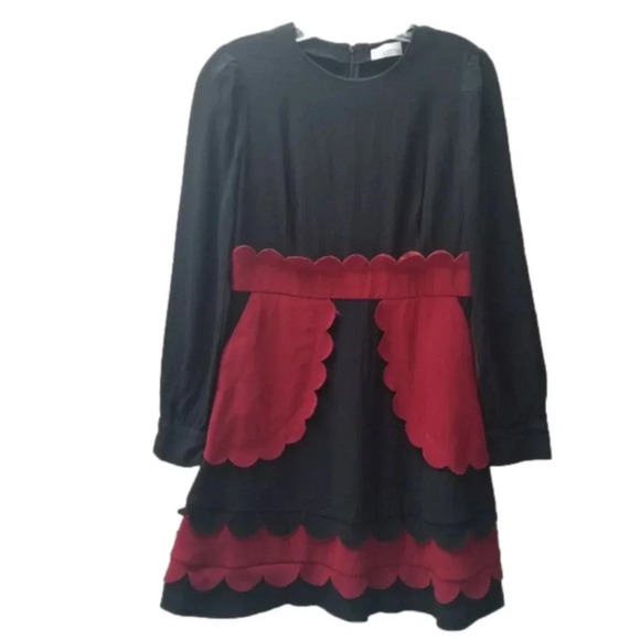 Valentino Red Scalloped Long Sleeve Crepe Mini  Dress Black Red 44 - Picture 2 of 16